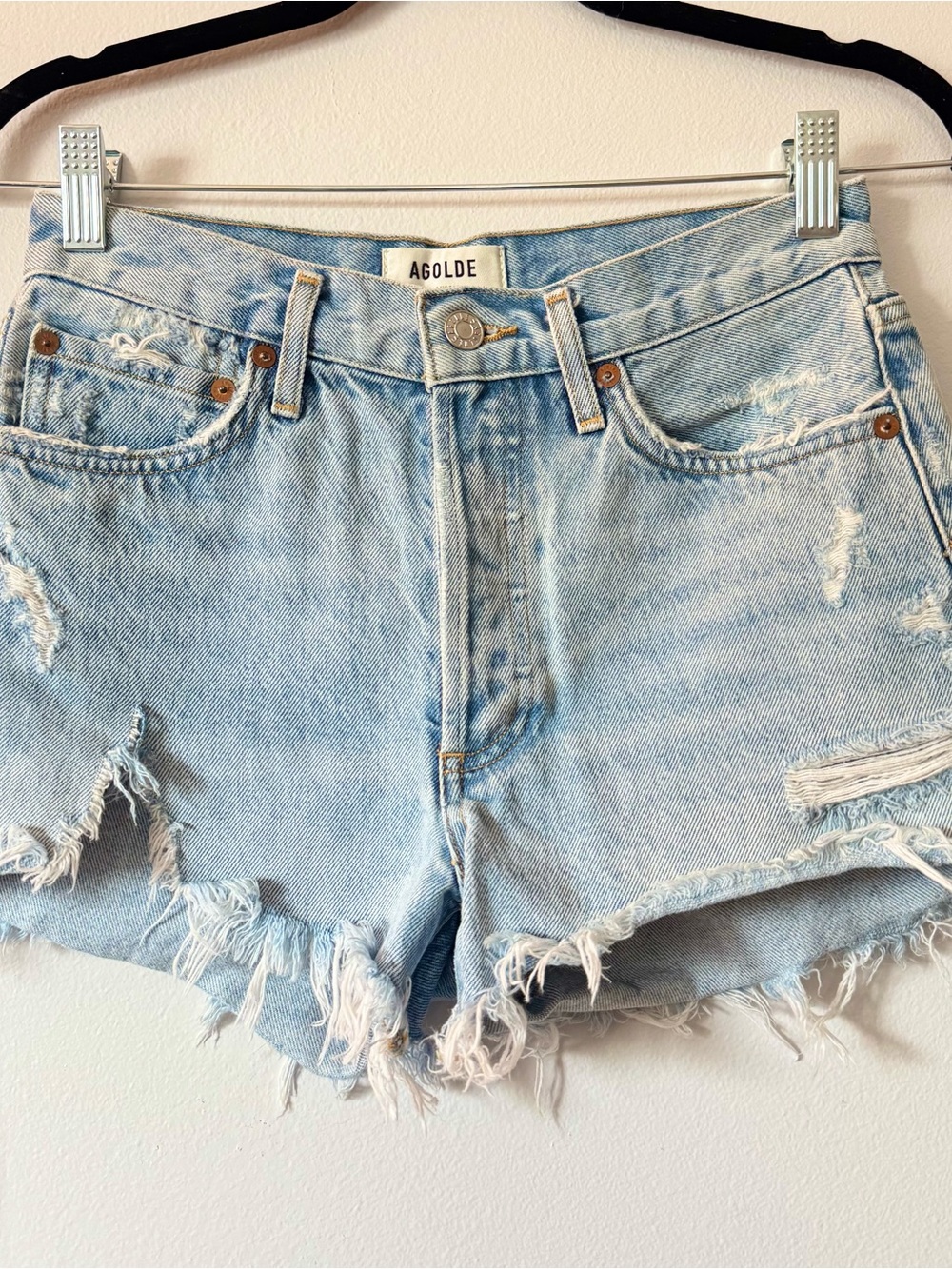 AGOLDE Distressed Cutoff Blue Jean Denim Shorts Raw Hem Size 24